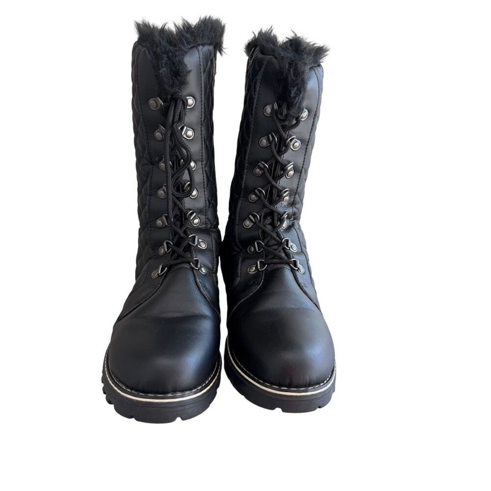 Polar Womens Size 11 Black Quilted Tall Winter Snow Boots Faux Fur Lace Up